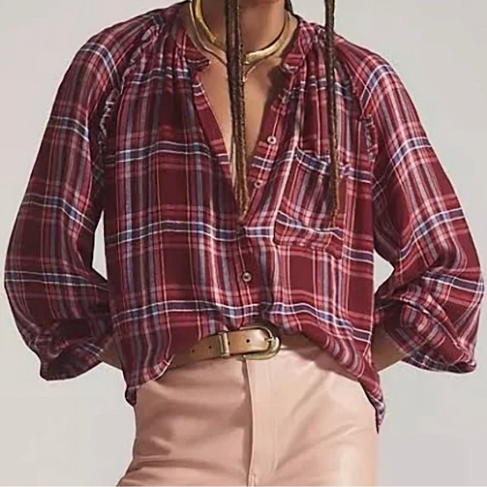Pilcro ‘Breezy’ Long-Sleeve Button-Down Shirt in Maroon Red Plaid Size XS